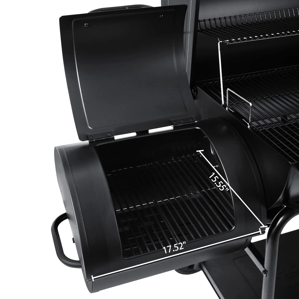 36" Charcoal Barrel Grill with Offset Smoker, Adjustable Grates and Thermometer