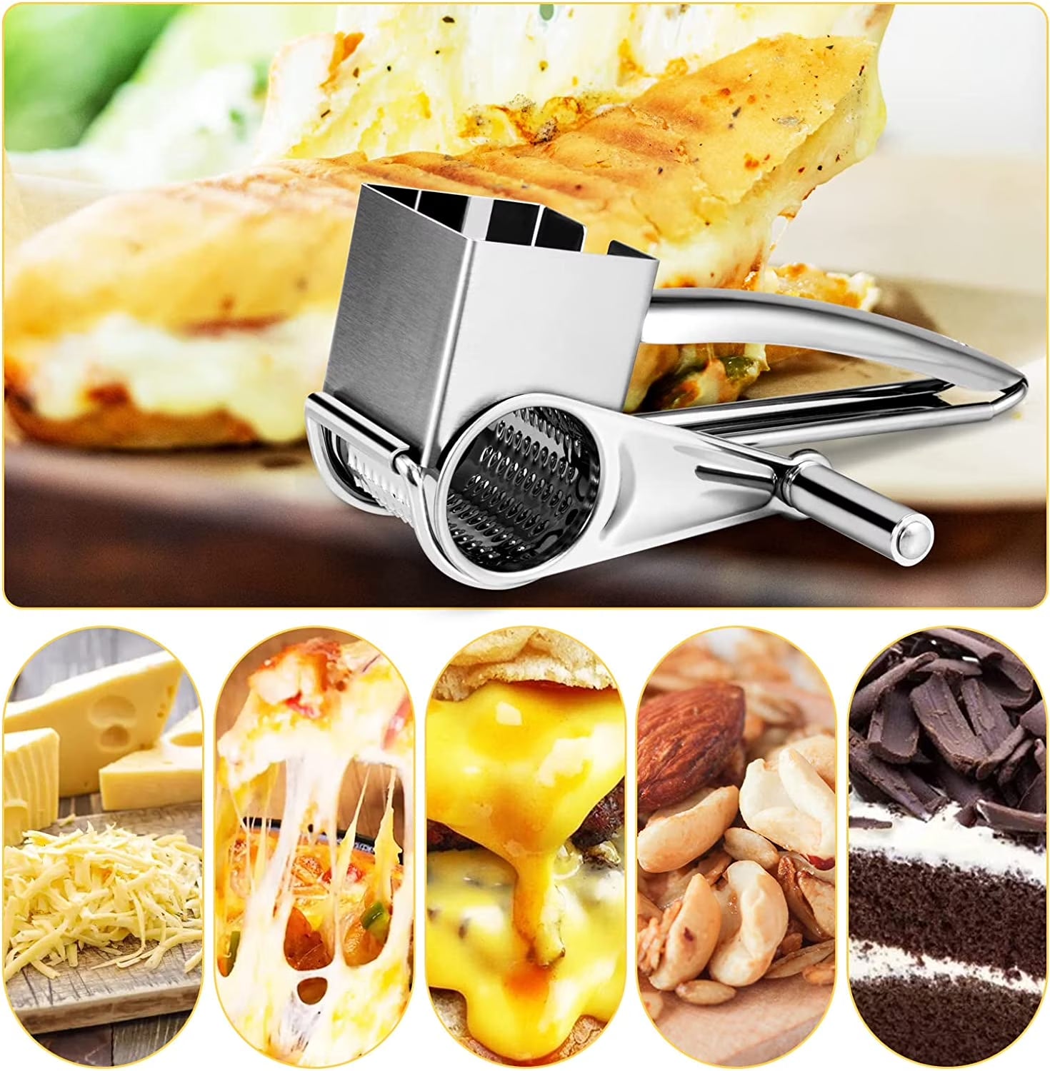 JLLOM Cheese Grater, Rotary Cheese Grater Handheld with 3 Drum Blades, Rotary Handheld Cheese Shredder Grater Stainless Steel