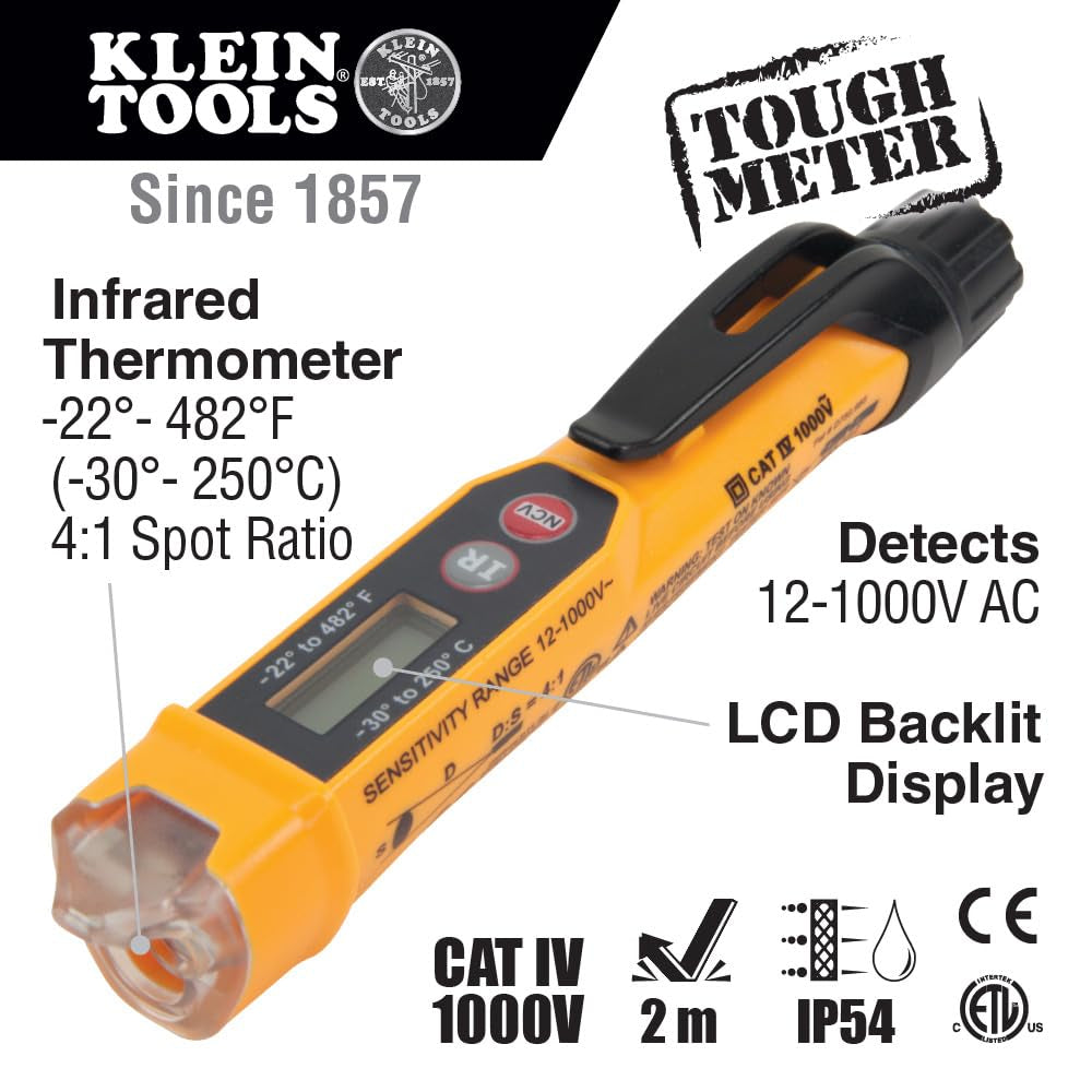 NCVT-4IR Non-Contact Voltage Tester, 12-1000V AC Pen with IR Thermometer -22 to 482-Degree Fahrenheit, LED and Audible Alarms, Pocket Clip