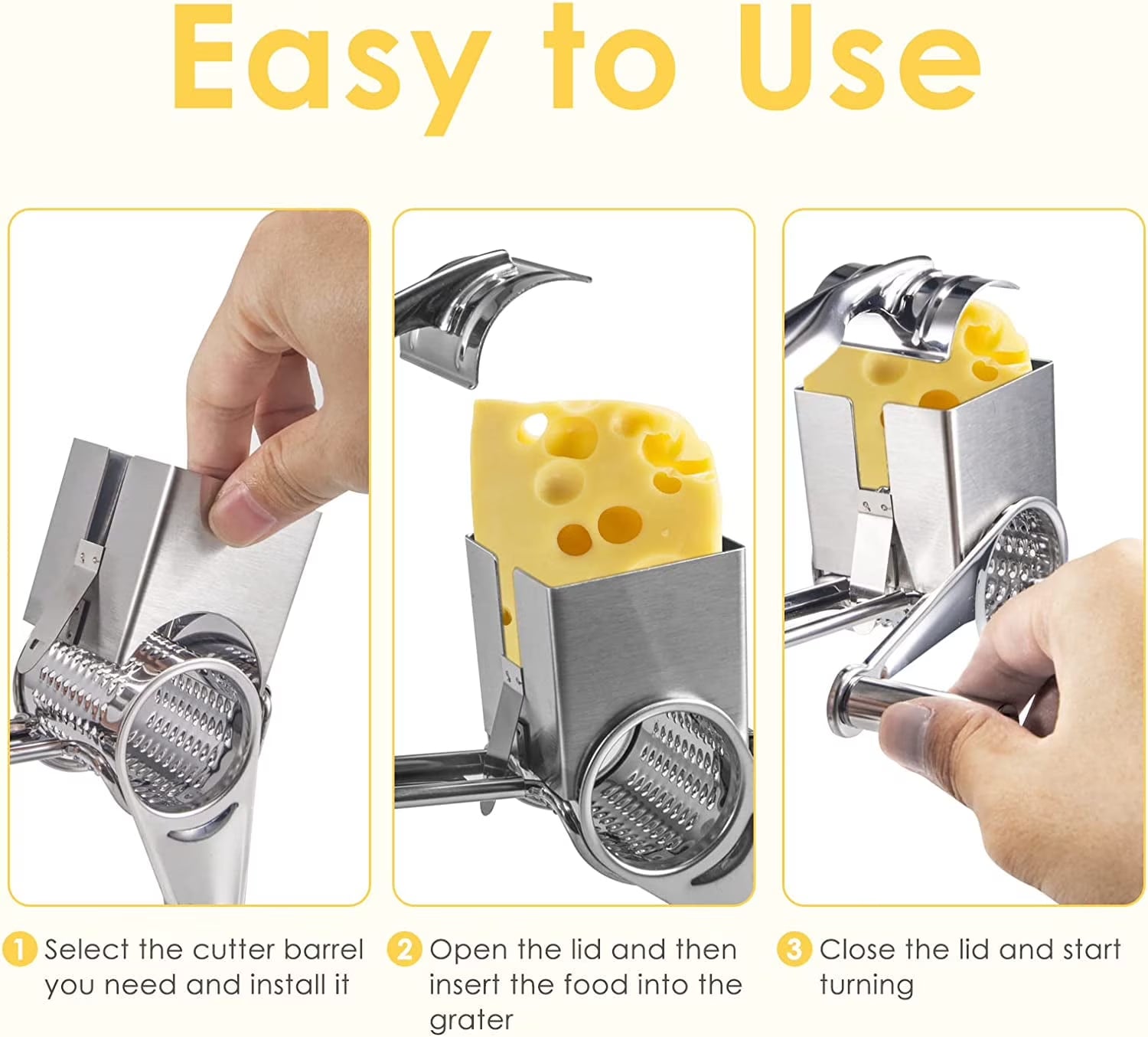 JLLOM Cheese Grater, Rotary Cheese Grater Handheld with 3 Drum Blades, Rotary Handheld Cheese Shredder Grater Stainless Steel