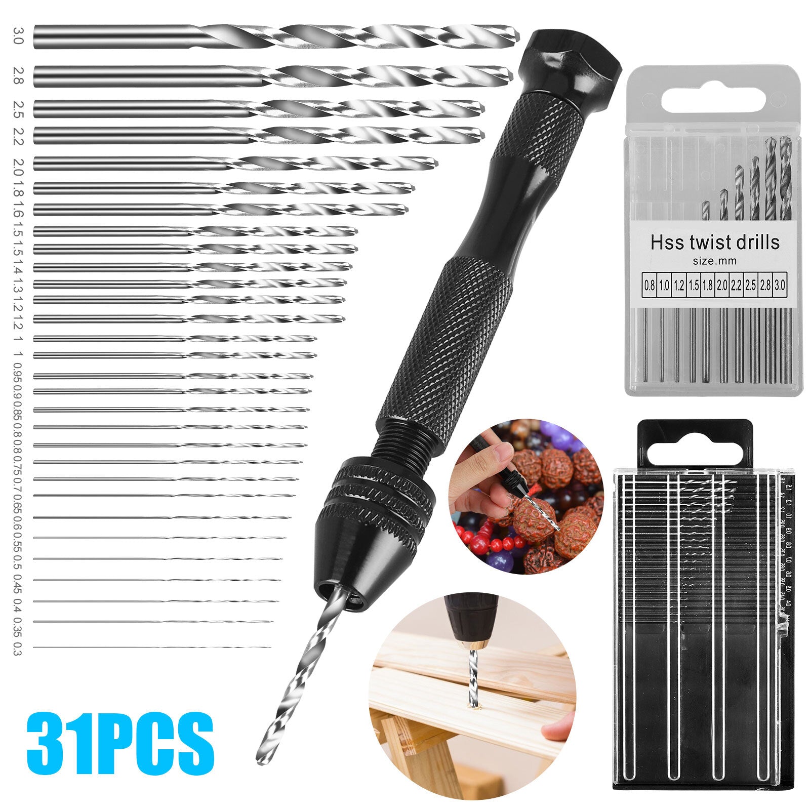 31PCS Precision Pin Vise Hobby Micro Drill Bits Mini Micro Hand Rotary Tools Set