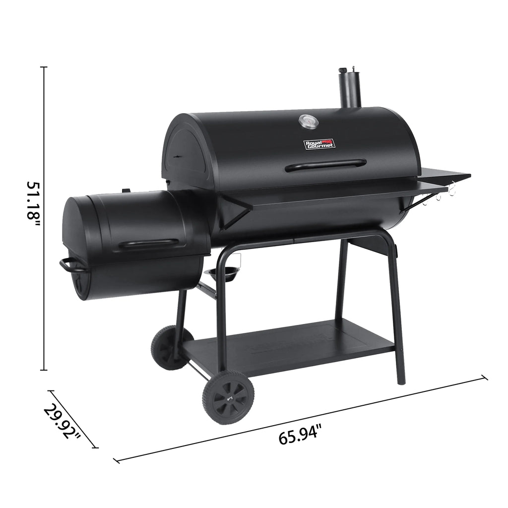 36" Charcoal Barrel Grill with Offset Smoker, Adjustable Grates and Thermometer