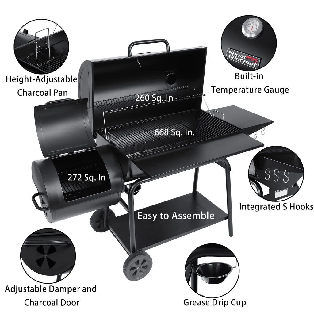36" Charcoal Barrel Grill with Offset Smoker, Adjustable Grates and Thermometer