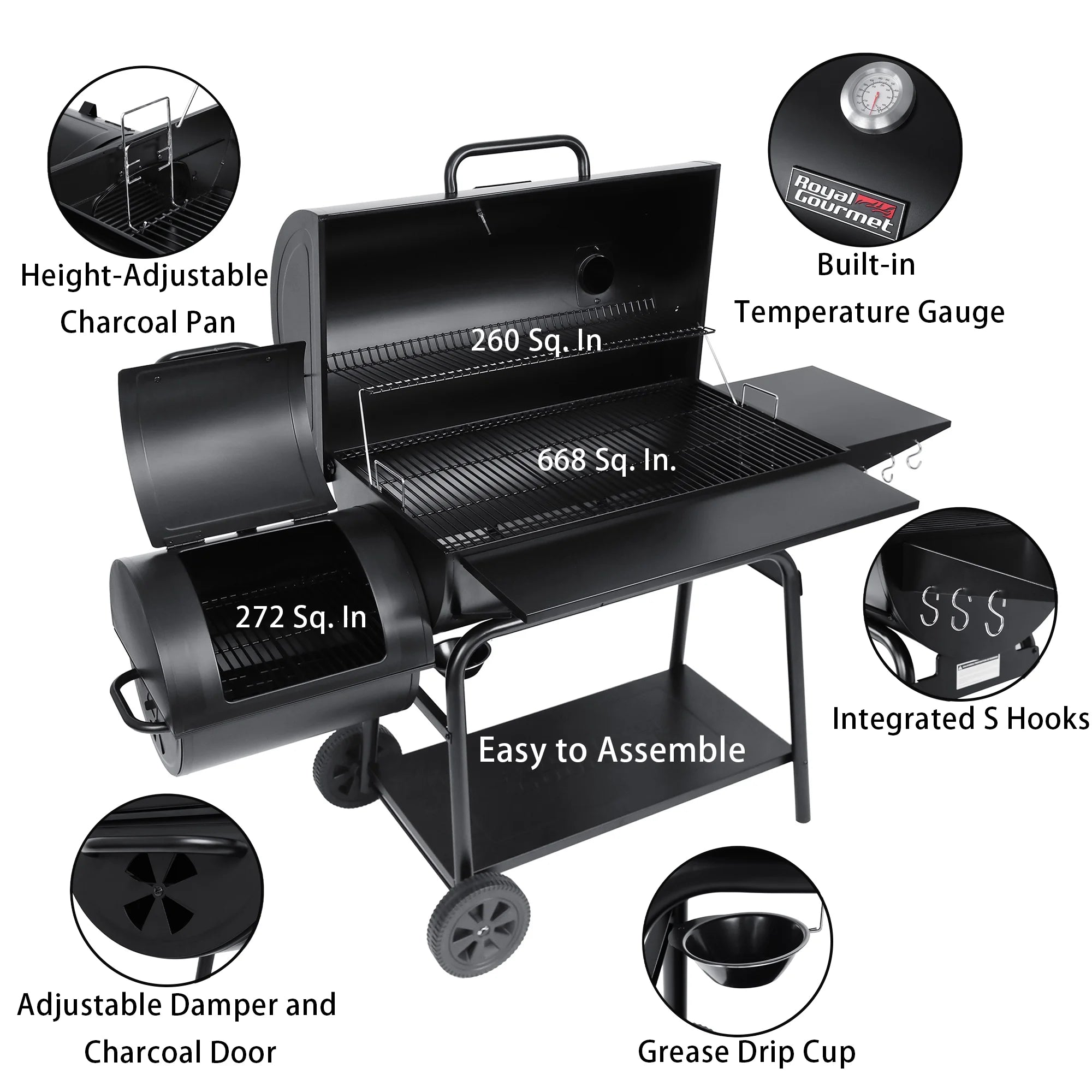 36" Charcoal Barrel Grill with Offset Smoker, Adjustable Grates and Thermometer
