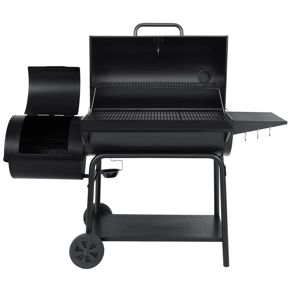 36" Charcoal Barrel Grill with Offset Smoker, Adjustable Grates and Thermometer