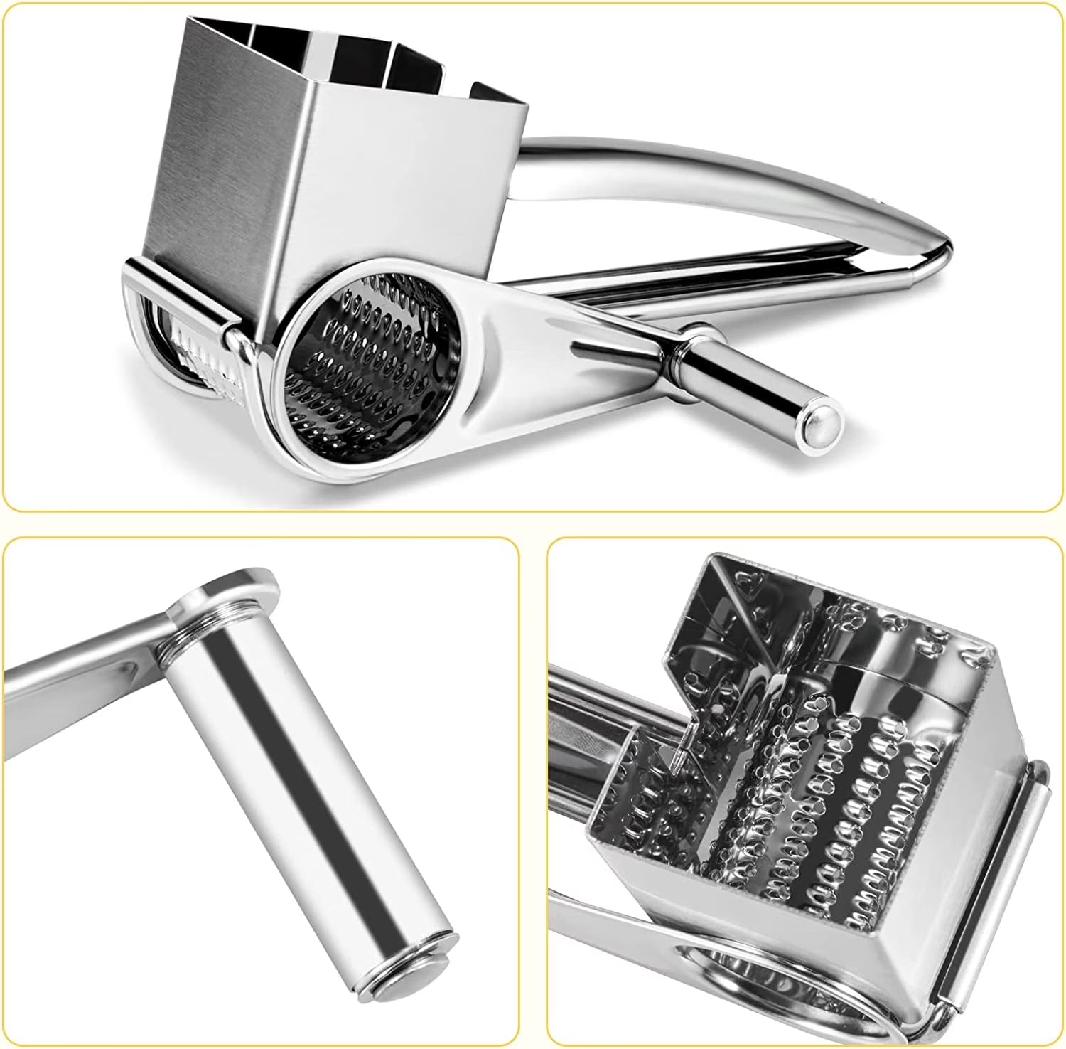 JLLOM Cheese Grater, Rotary Cheese Grater Handheld with 3 Drum Blades, Rotary Handheld Cheese Shredder Grater Stainless Steel
