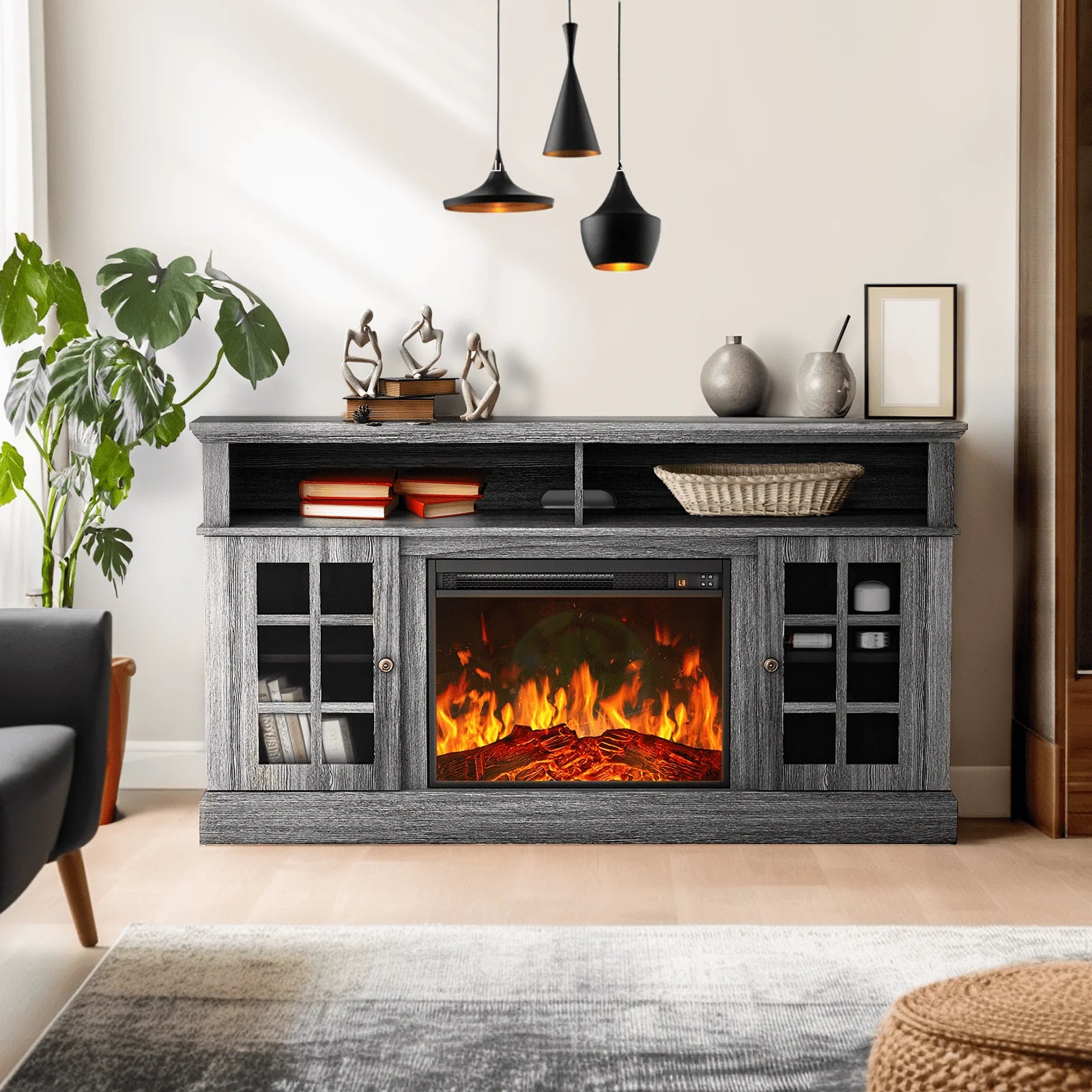 Electric Fireplace TV Stand for 75″ Tvs Fireplace Entertainment Center TV Console Table with 23″ Fireplace, Holds up to 200 Lbs