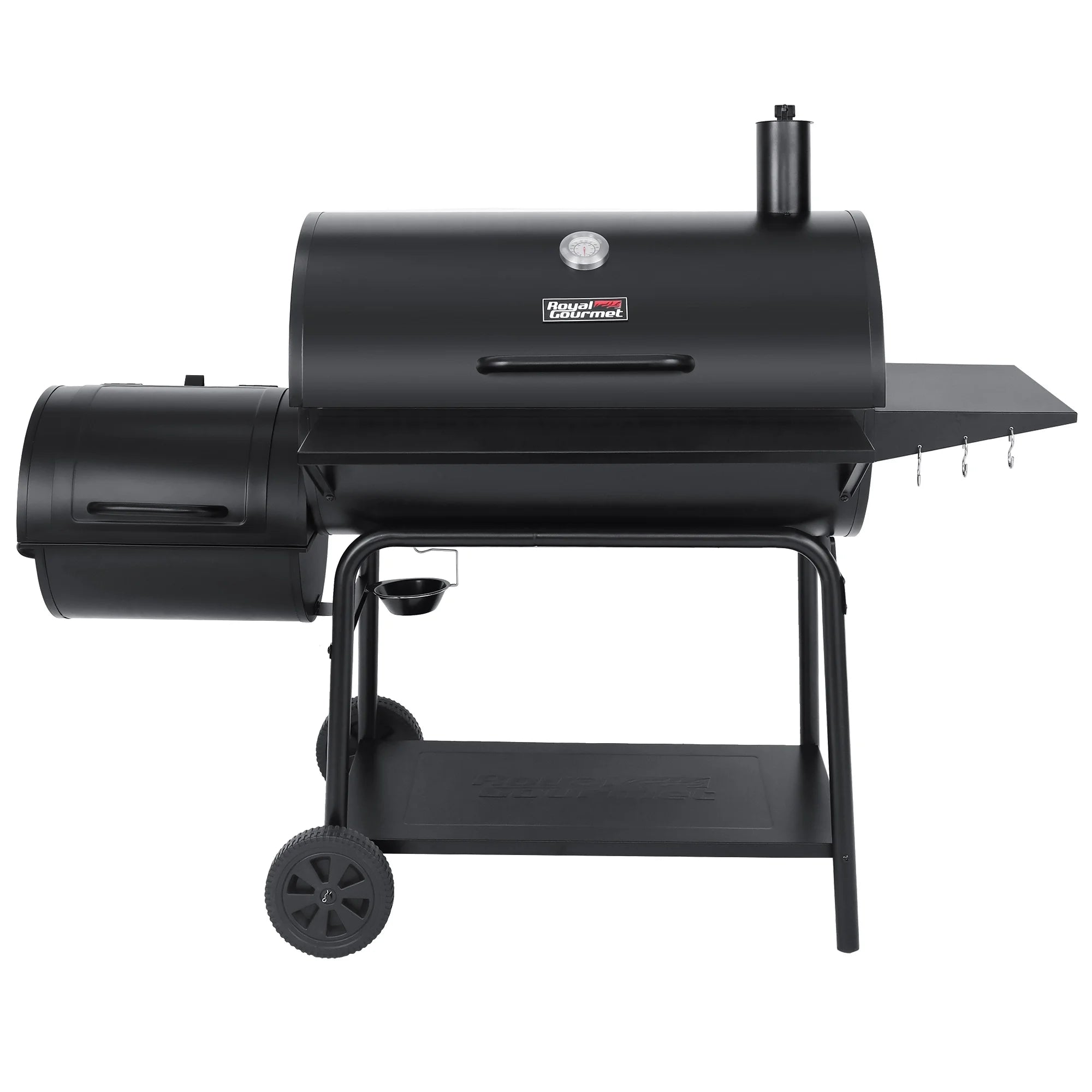 36" Charcoal Barrel Grill with Offset Smoker, Adjustable Grates and Thermometer
