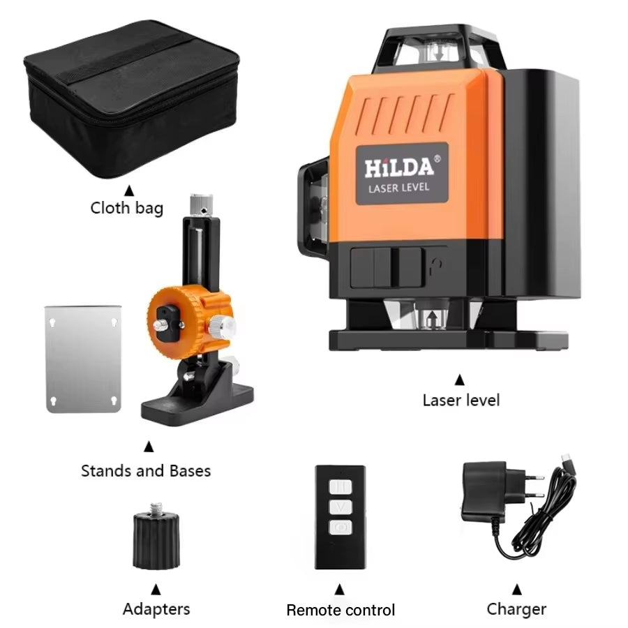 3D/4D Laser Level 12/16 Lines Level Self-Leveling 360 Horizontal and Vertical Cross Super Powerful Green Laser Level