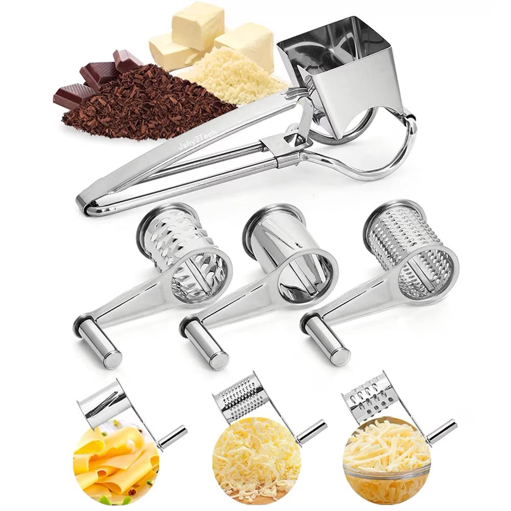 JLLOM Cheese Grater, Rotary Cheese Grater Handheld with 3 Drum Blades, Rotary Handheld Cheese Shredder Grater Stainless Steel