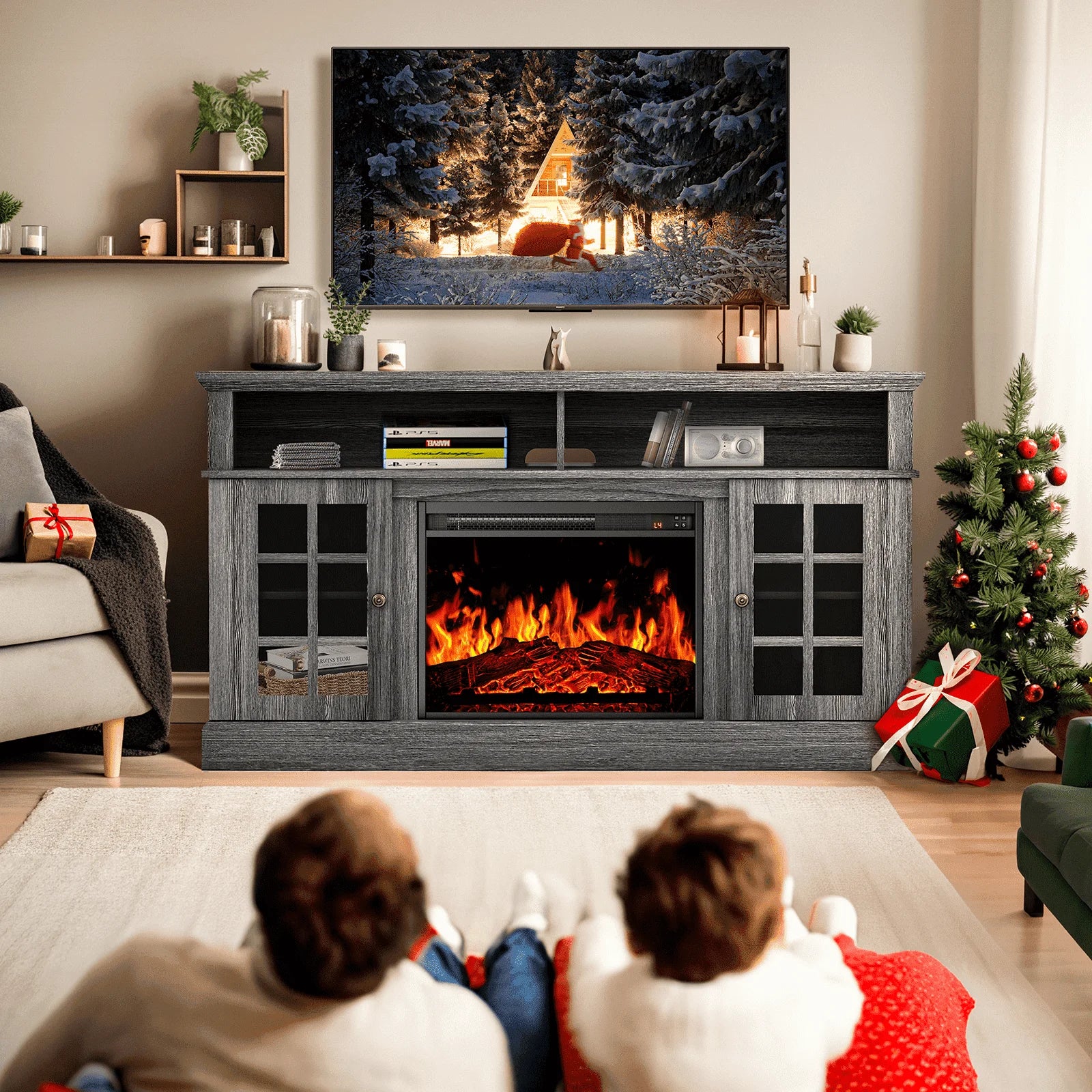 Electric Fireplace TV Stand for 75″ Tvs Fireplace Entertainment Center TV Console Table with 23″ Fireplace, Holds up to 200 Lbs