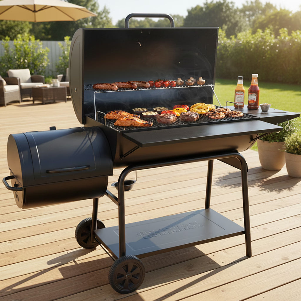 36" Charcoal Barrel Grill with Offset Smoker, Adjustable Grates and Thermometer