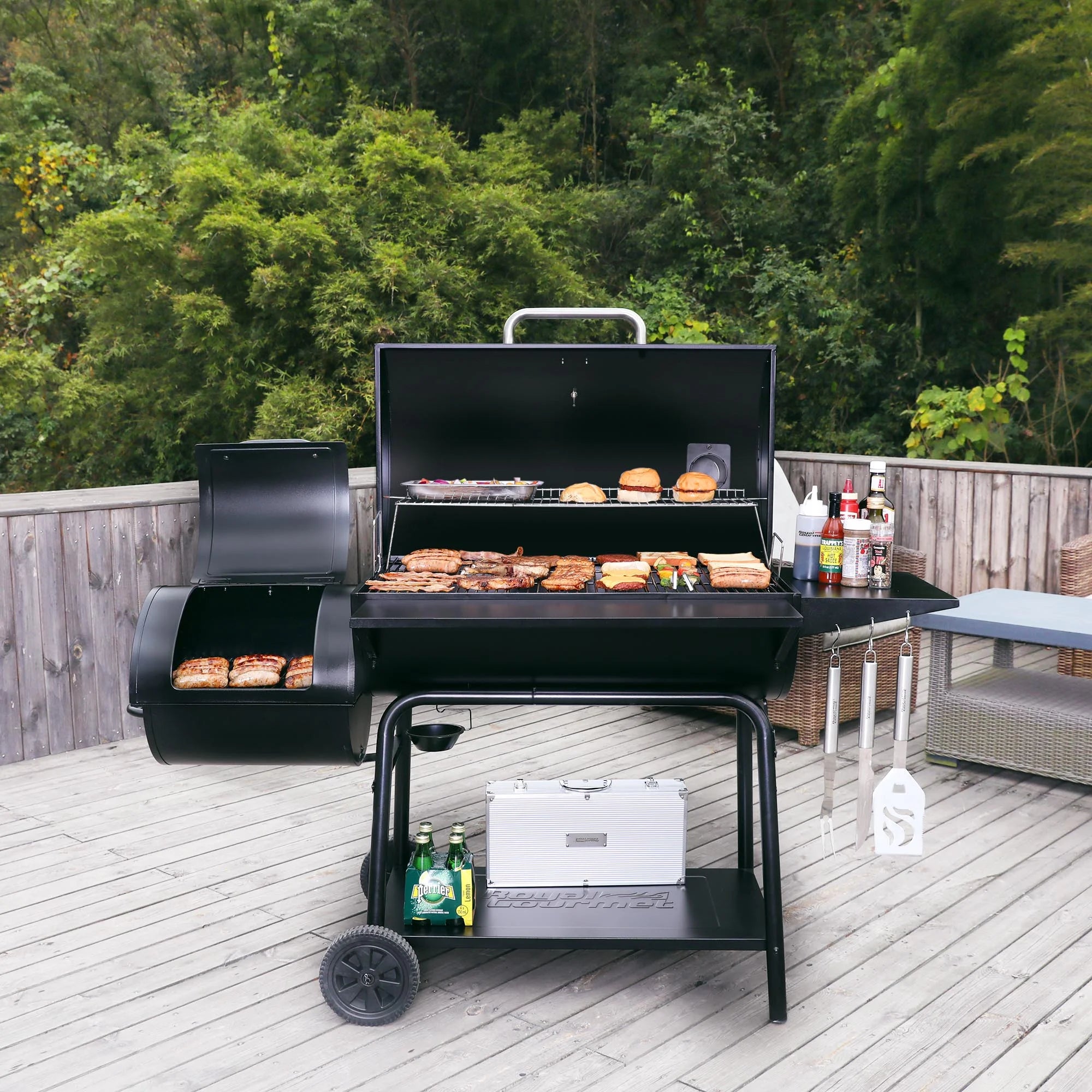 36" Charcoal Barrel Grill with Offset Smoker, Adjustable Grates and Thermometer