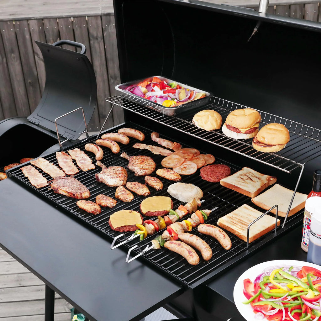 36" Charcoal Barrel Grill with Offset Smoker, Adjustable Grates and Thermometer