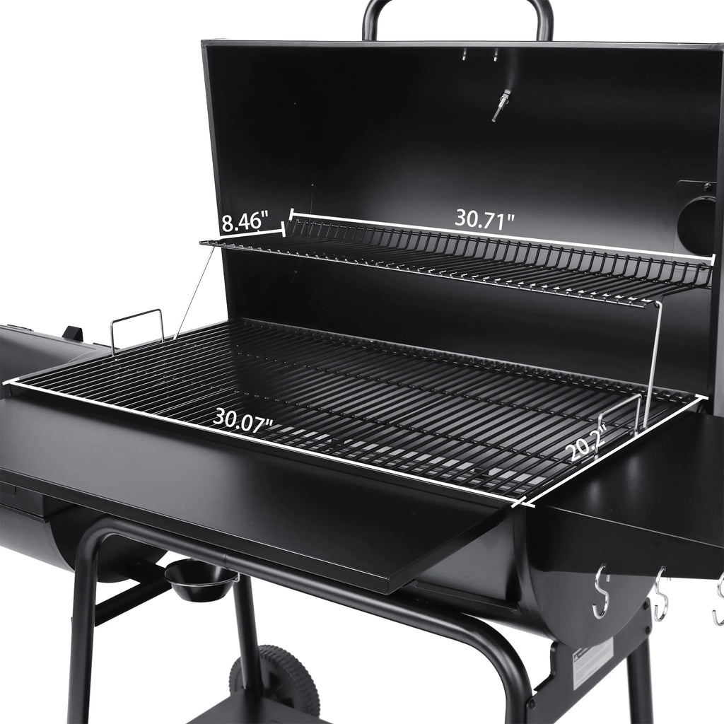 36" Charcoal Barrel Grill with Offset Smoker, Adjustable Grates and Thermometer
