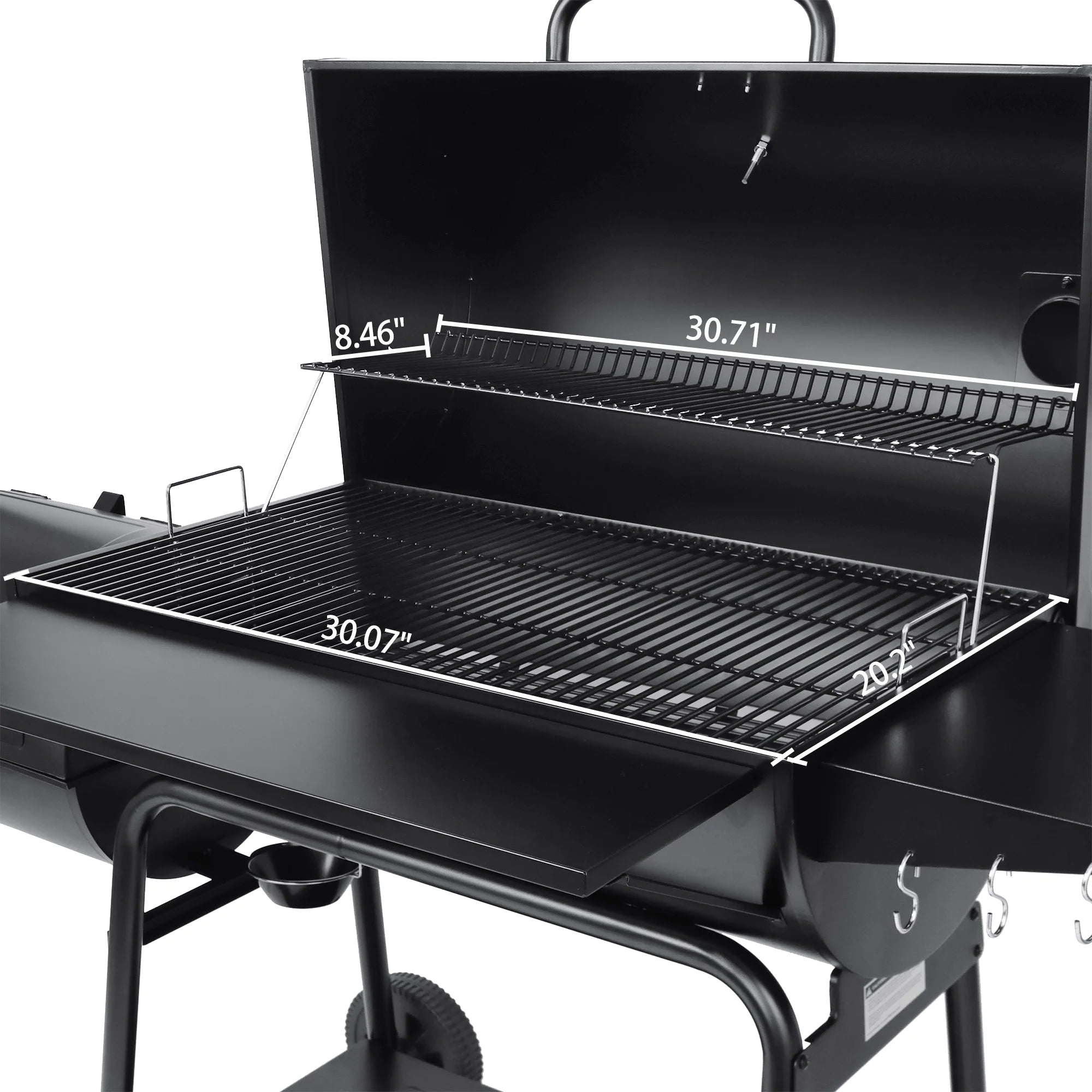 36" Charcoal Barrel Grill with Offset Smoker, Adjustable Grates and Thermometer
