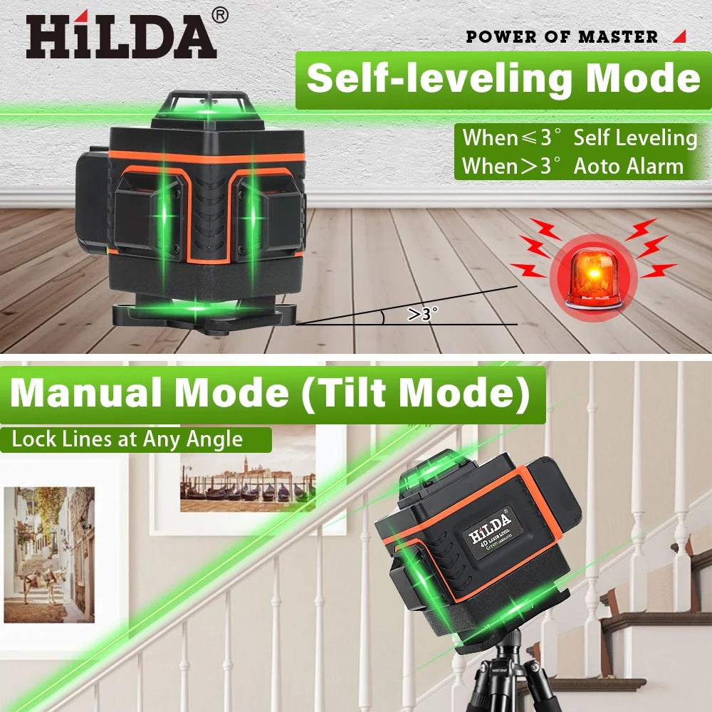 3D/4D Laser Level 12/16 Lines Level Self-Leveling 360 Horizontal and Vertical Cross Super Powerful Green Laser Level