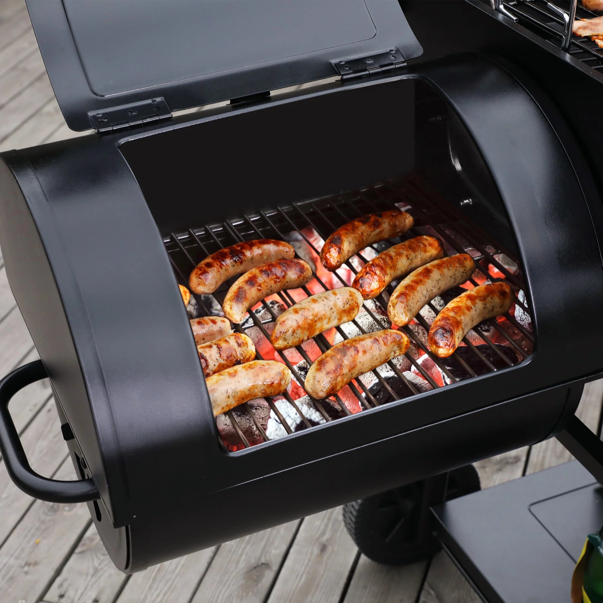 36" Charcoal Barrel Grill with Offset Smoker, Adjustable Grates and Thermometer