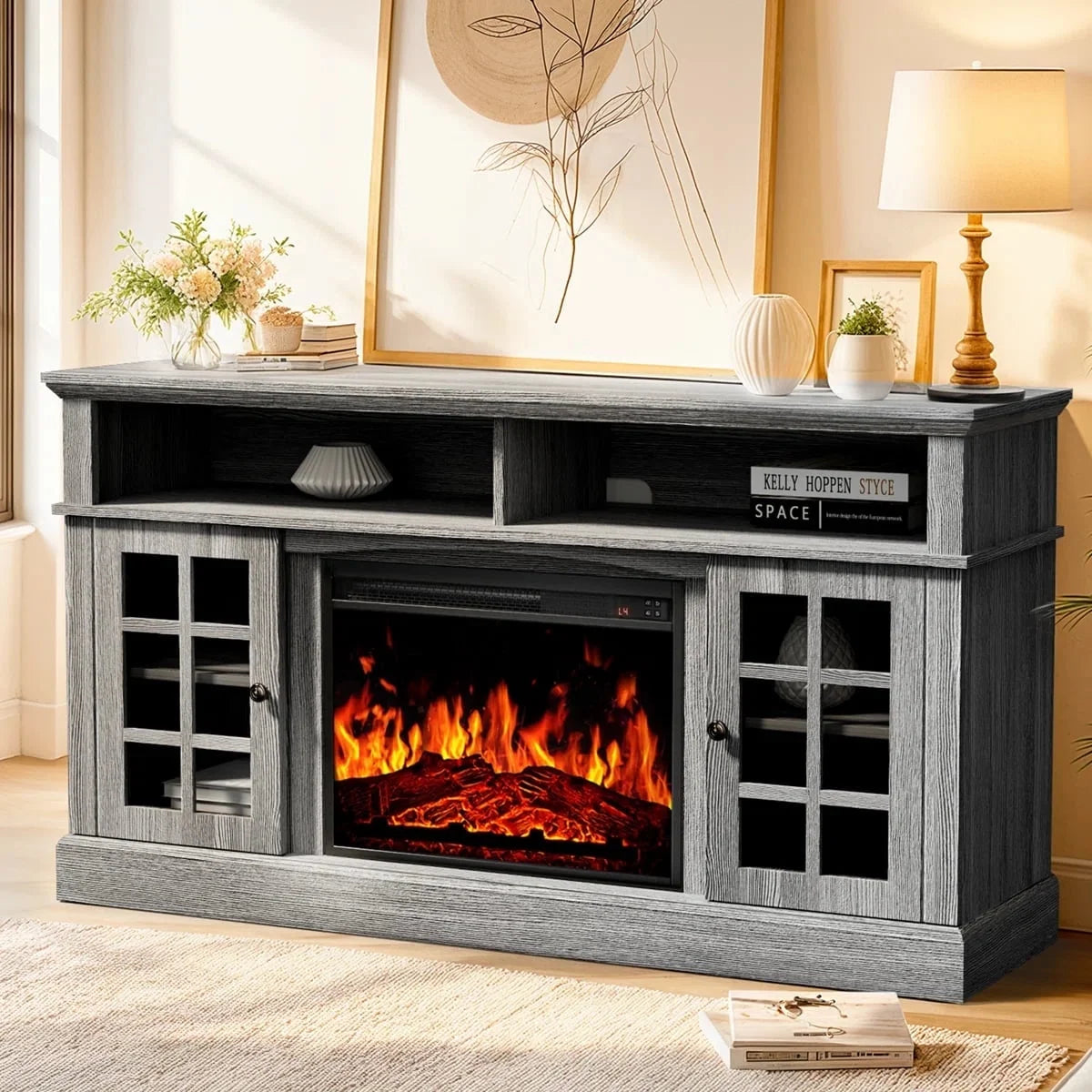 Electric Fireplace TV Stand for 75″ Tvs Fireplace Entertainment Center TV Console Table with 23″ Fireplace, Holds up to 200 Lbs
